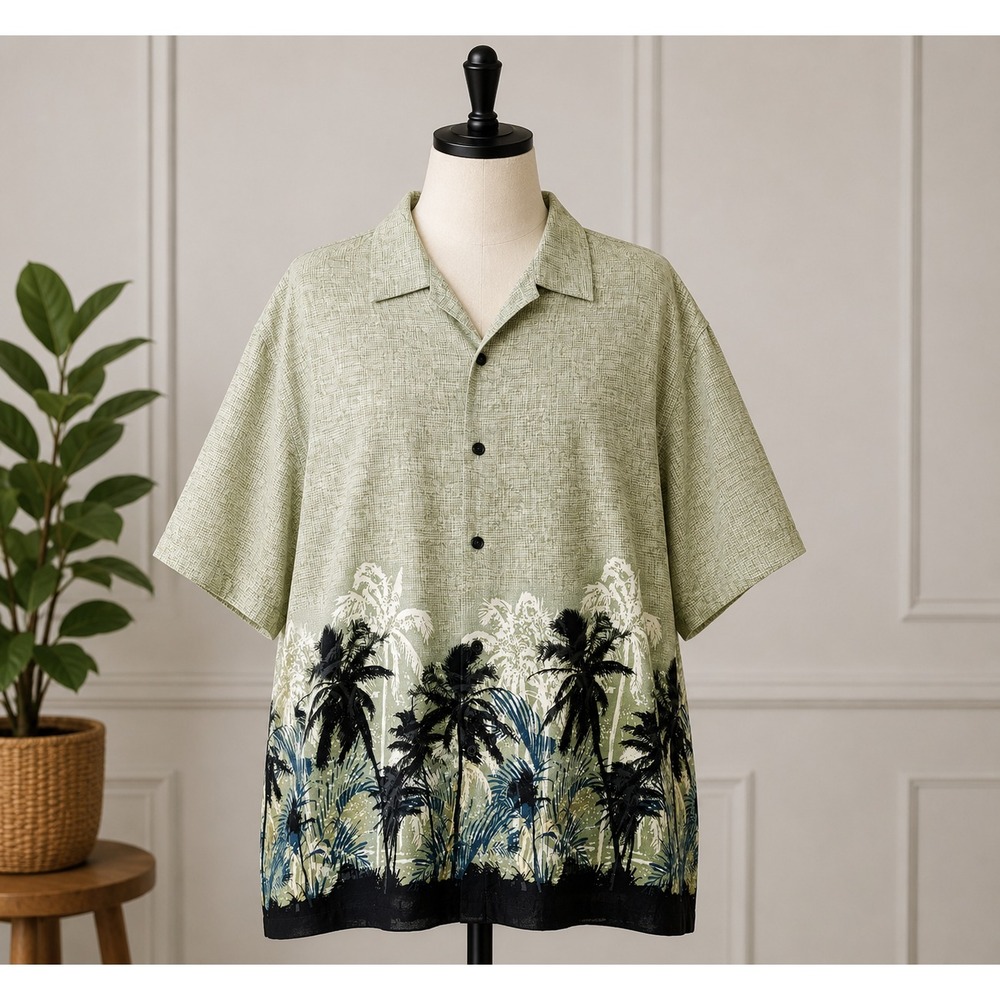 Axcess Men's Size 2XL Tropical Button Up Short Sleeve Shirt Green with Palms